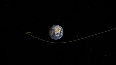 This illustration shows asteroid 2020 QG's trajectory bending during its close approach to Earth. The asteroid is the closest known non-impacting asteroid ever detected. The asteroid passed by 1,830 miles above the southern Indian Ocean on Sunday, Aug. 16, 2020. Image credit: NASA/JPL-Caltech