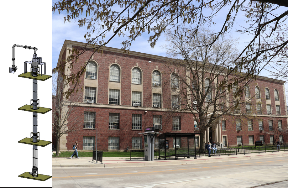 Graphic illustrates the size of the 50-foot-tall wind tunnel compared to Talbot Laboratory.