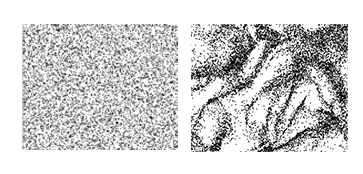 Particle turbulence interaction. On the left, tracers distribute randomly. On the right, small inertial particles exhibit preferential concentration as they interact with eddies at a range of scales.