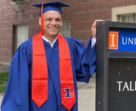 Christopher Young outside Talbot Lab during commencement weekend in May 2022