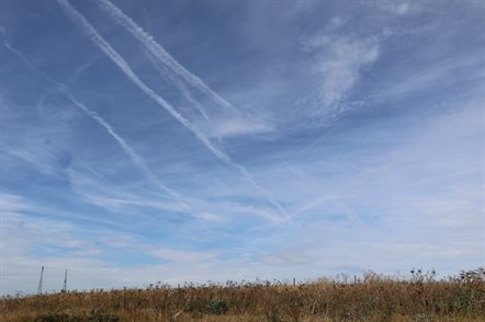 sky with numerous contrails