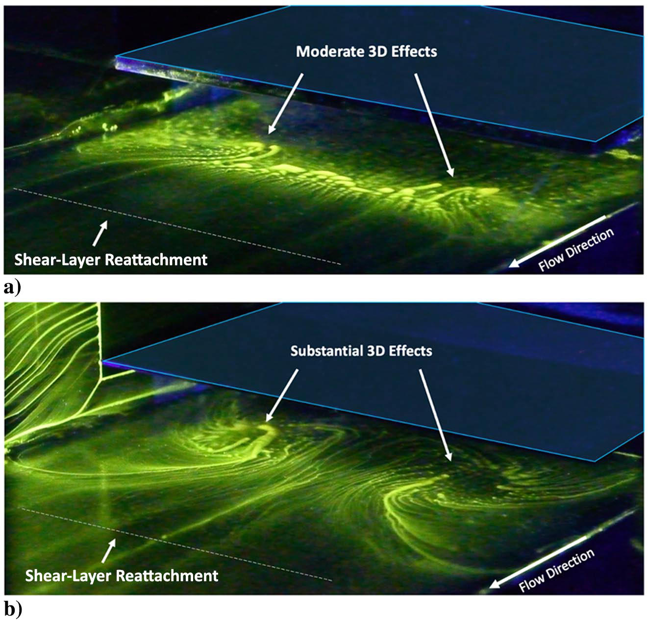 Oil flow visualization for the a) rigid plate and b) flexible plate at fully started conditions.