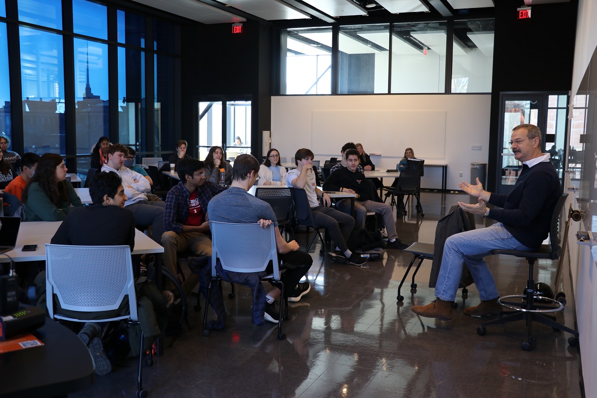 Altman answers questions from members of the Illinois Space Society student group.