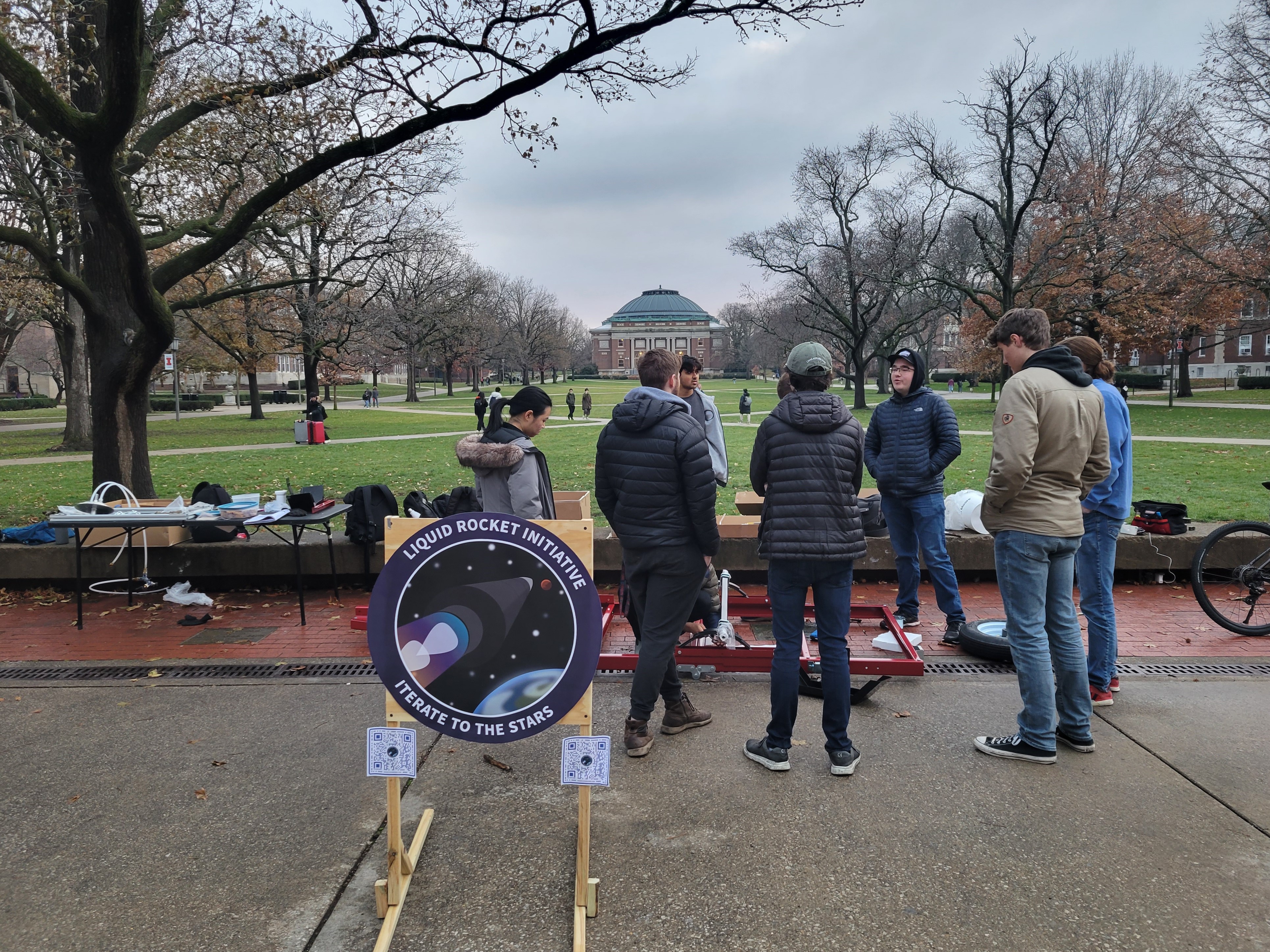 The team in the main quad assembling the trailer where the test stand will be built.