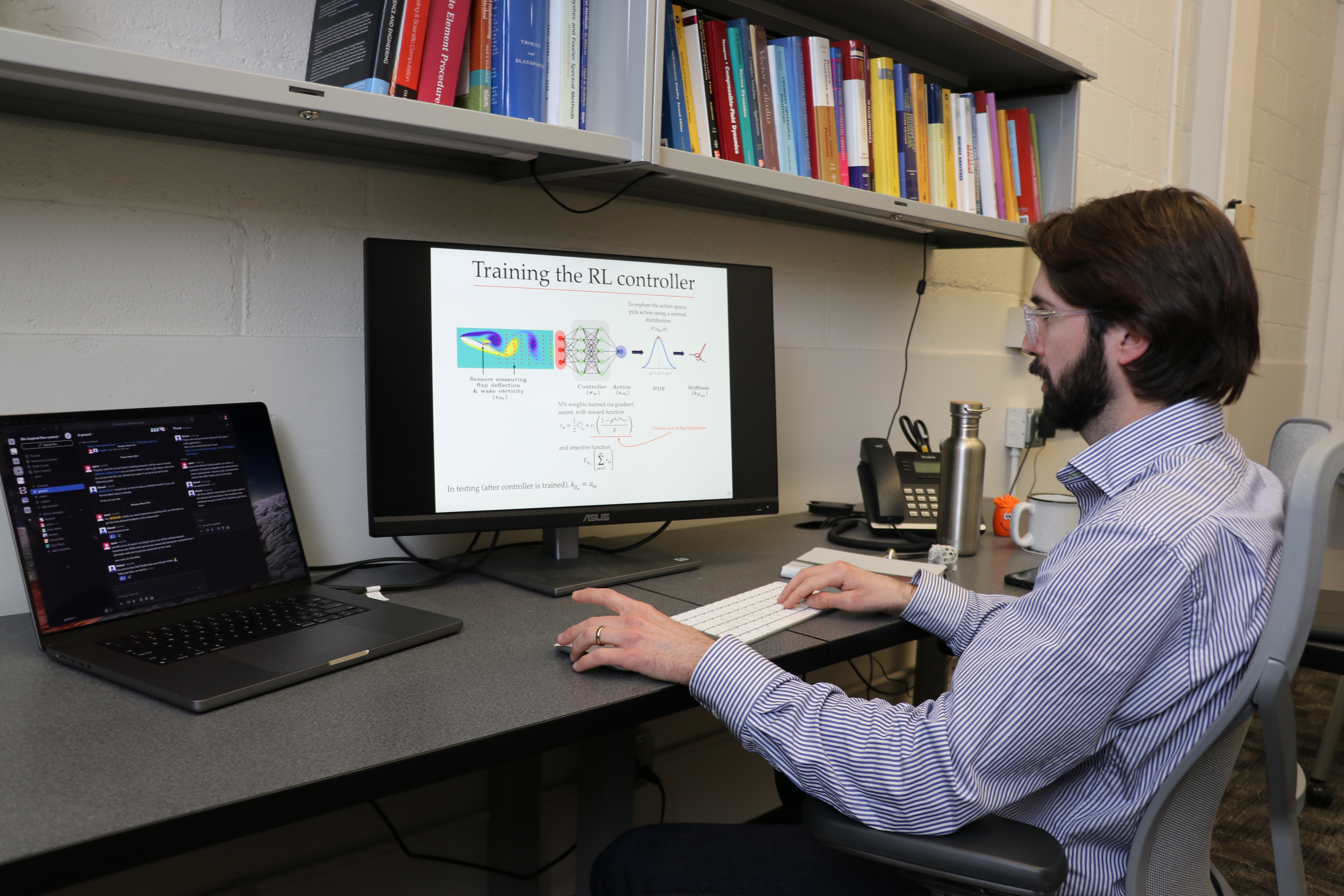 Andres Goza and his student Nirmal Nair trained a controller that determined a specific value on the spectrum from very stiff to very loose. The controller was built using reinforcement learning, and trained to select a stiffness to improve lift on the airfoil.