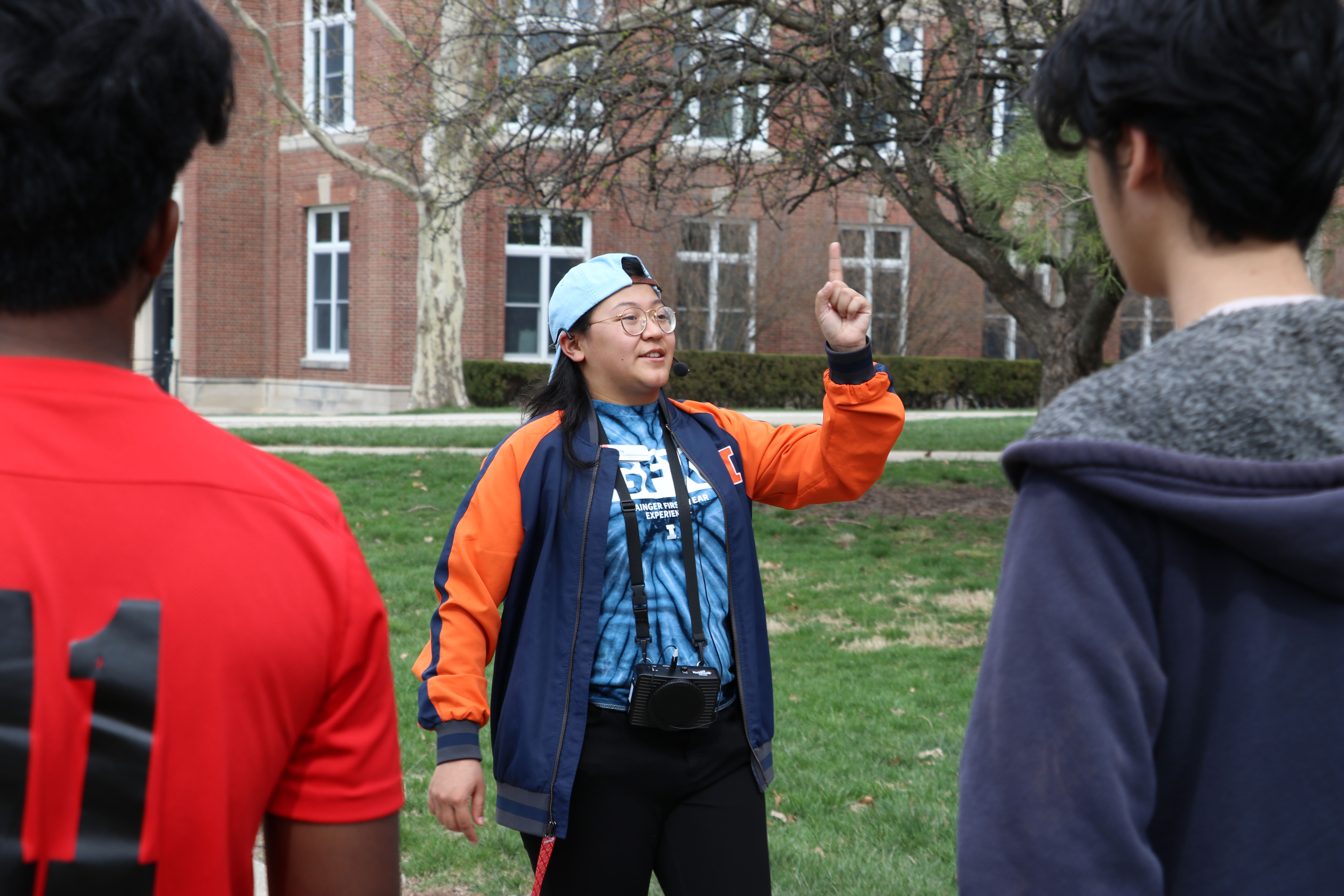 Herena giving a campus tour to high school students in April 2023.