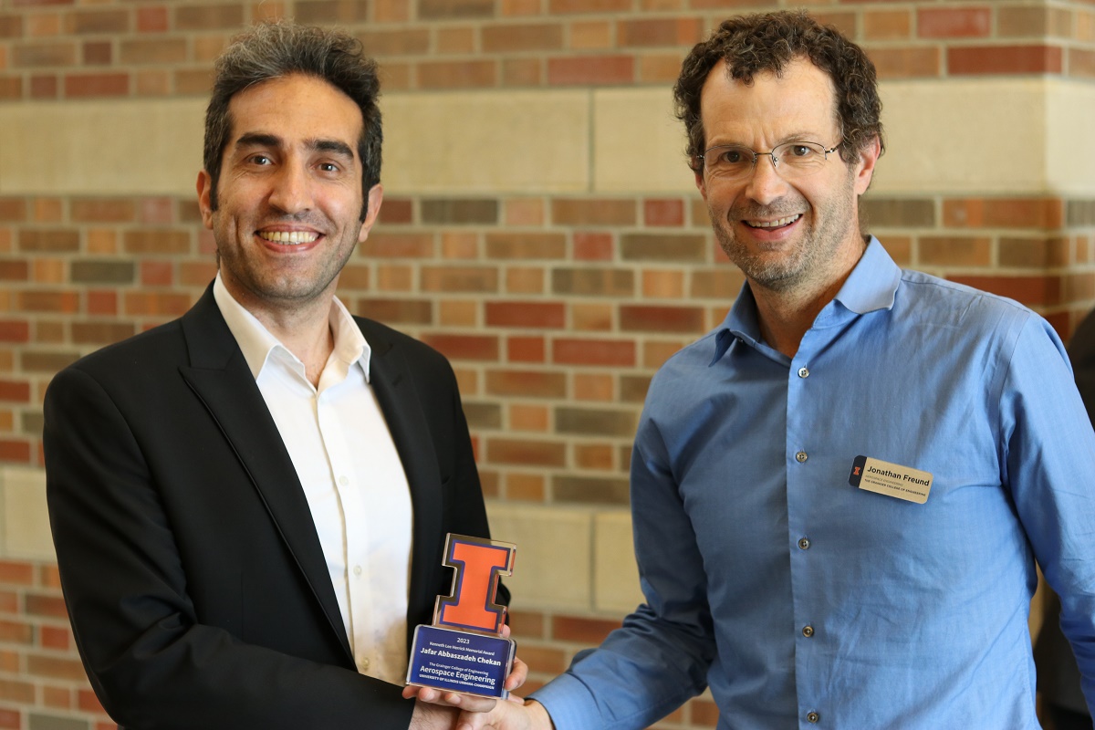 Jafar Abbaszadeh Chekan with Willett Professor and Department Head Jonathan Freund