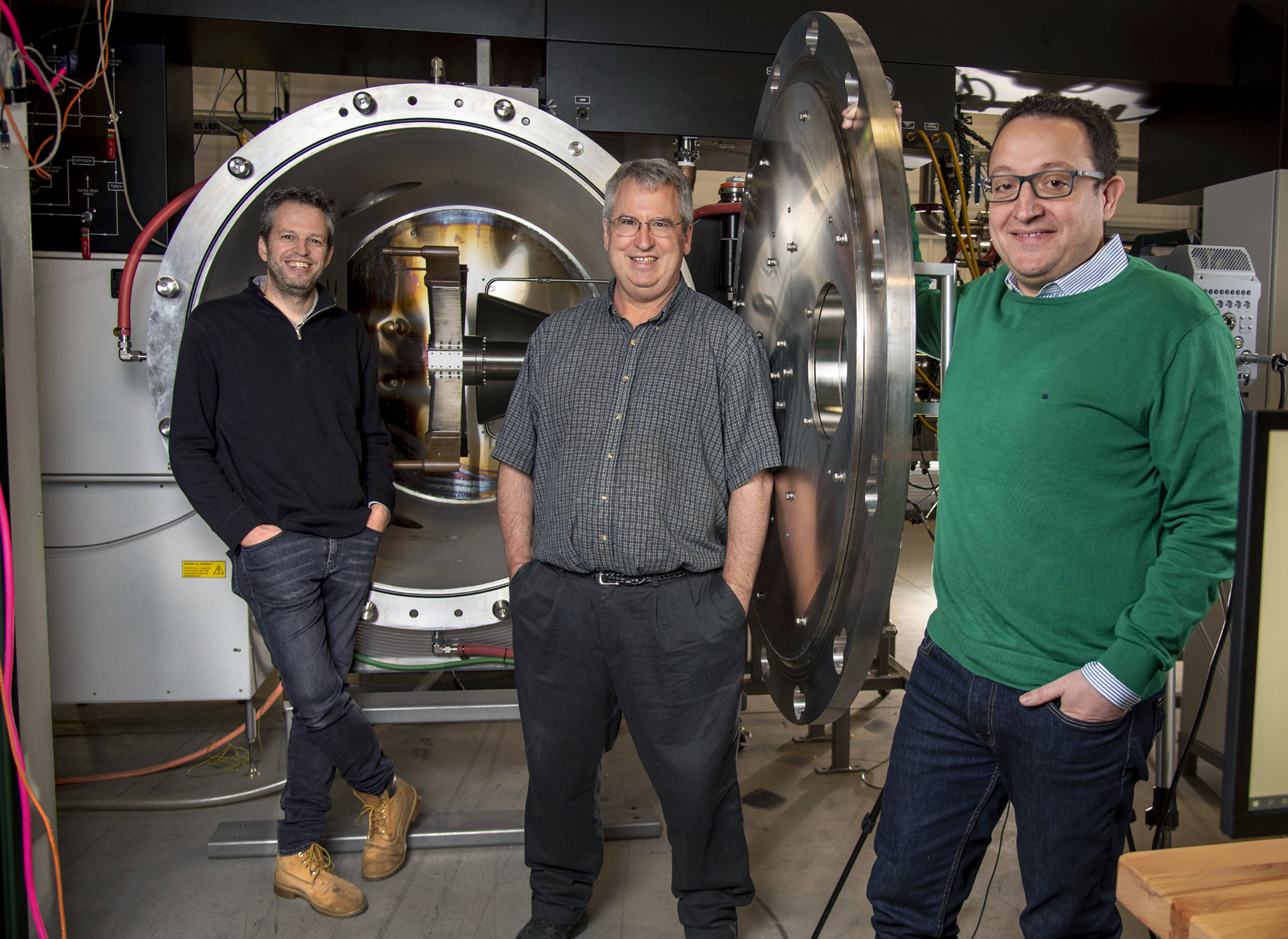 Left to right: Marco Panesi, Greg Elliott, Franceso Panerai at Plasmatron X facility