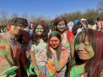 At at Holi, Festival of Colors event at the UIUC arboretum, left to right: Dhruv Rajgarhia, computer science and physics; Elizabeth Wu, accounting and finance; Adhira Shanmuganathan, econometrics; Anushka CS+linguistics; Varsha Krishnakumar; and Farah Mohammed Rafee, engineering physics with a nuclear physics concentration.