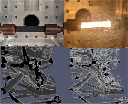 Upper images are FiberForm samples heated to higher temperatures and exposed to oxygen. Below is the are visualizations of oxidation process of material from simulations