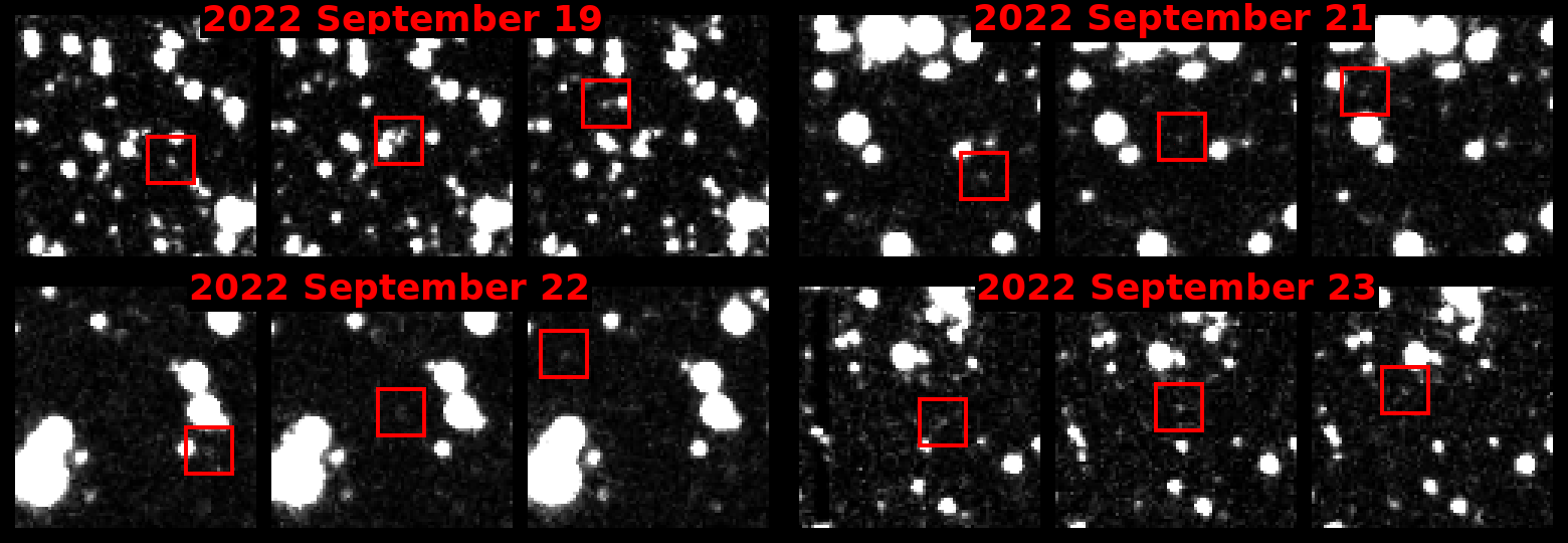 Discovery images from the ATLAS survey, with 2022 SF289 visible in the red boxes.ATLAS/University of Hawaii Institute for Astronomy/NASA
