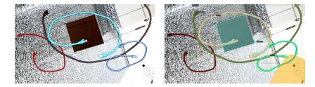 COCOpen automatically generates a comprising images of many object instances with object occlusion. These labeled images can be used to train occlusion-robust object instance segmentation models. Left is an RGB image. Right is an RGB Image with an instance segmentation mask.