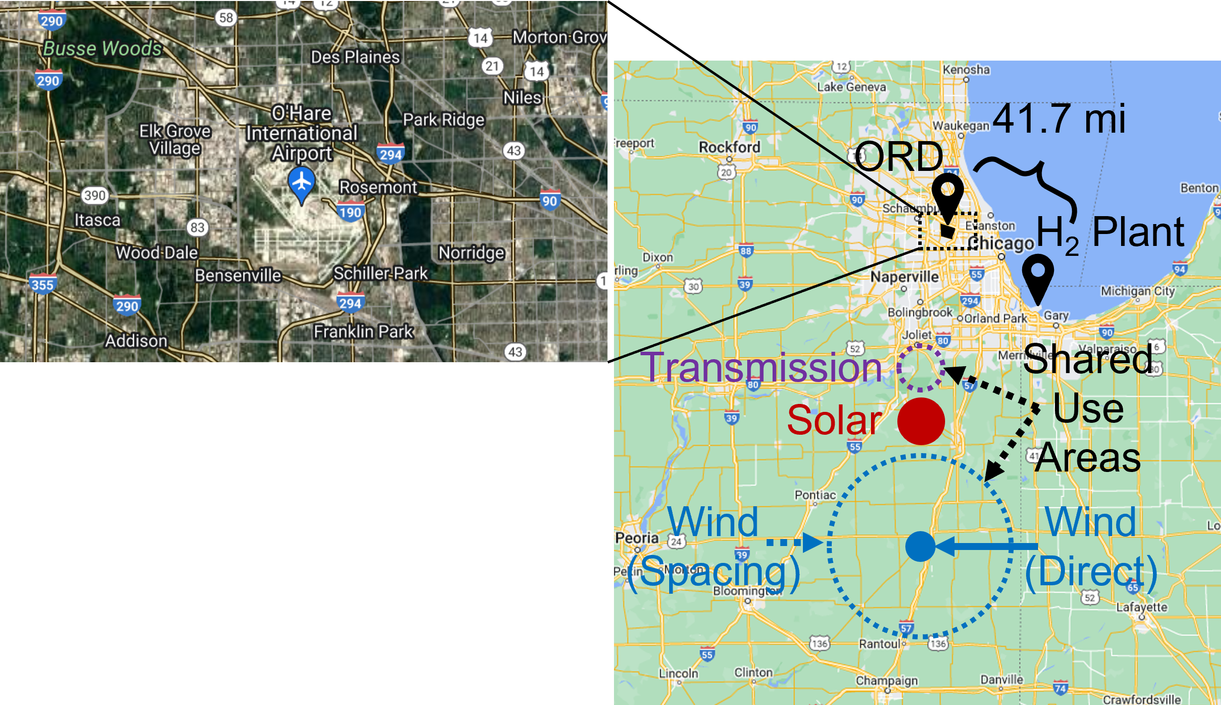 Hypothetical land area use to meet 2035 requirements for 100 percent renewable energy grid based on the needs of Chicagoâ€™s Oâ€™Hare International Airport. Courtesy Google Maps and the National Renewable Energy Laboratory.