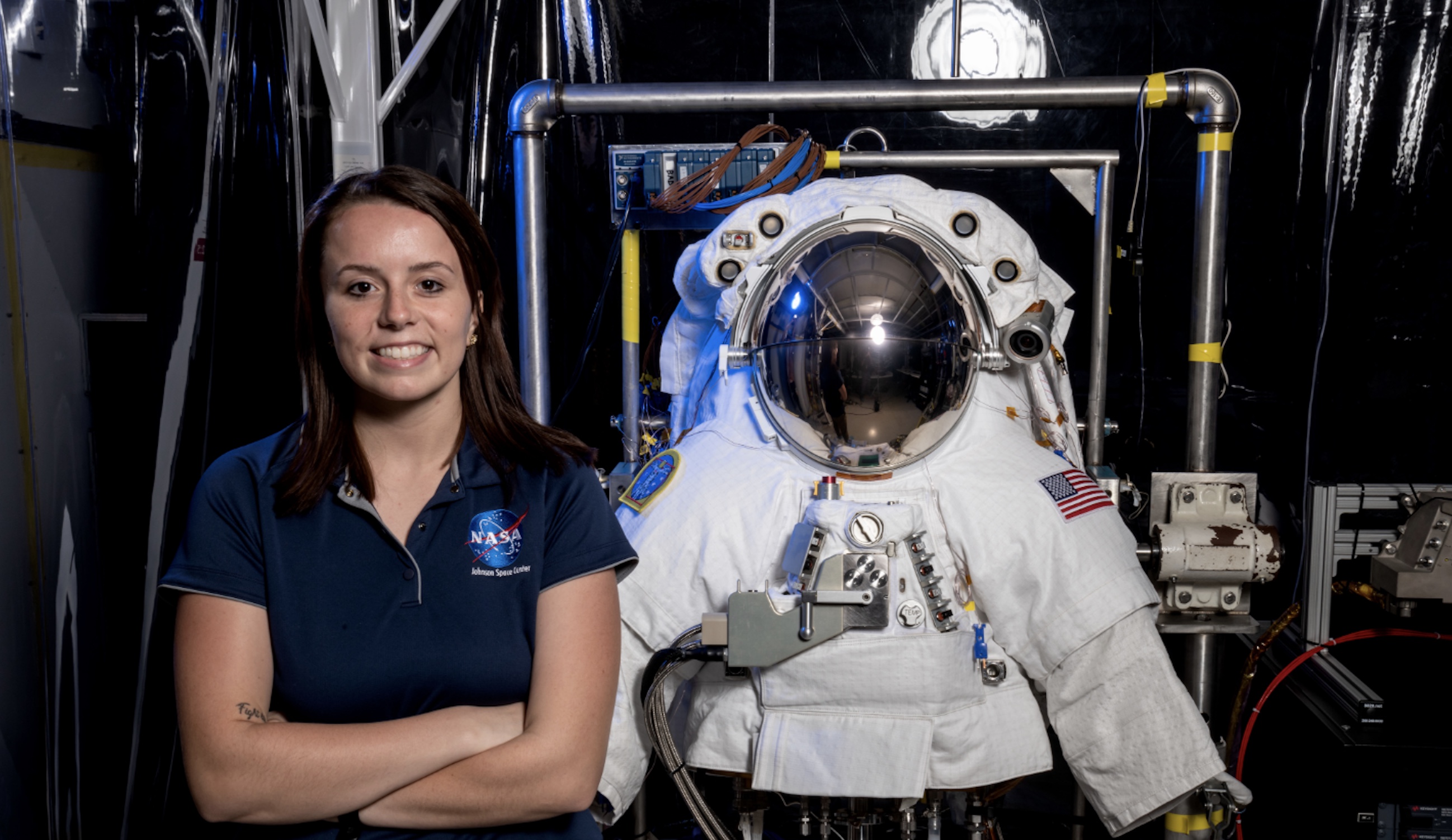 Aaliyah Gaffey at NASA&amp;rsquo;s Johnson Space Center with the xEMU space suit