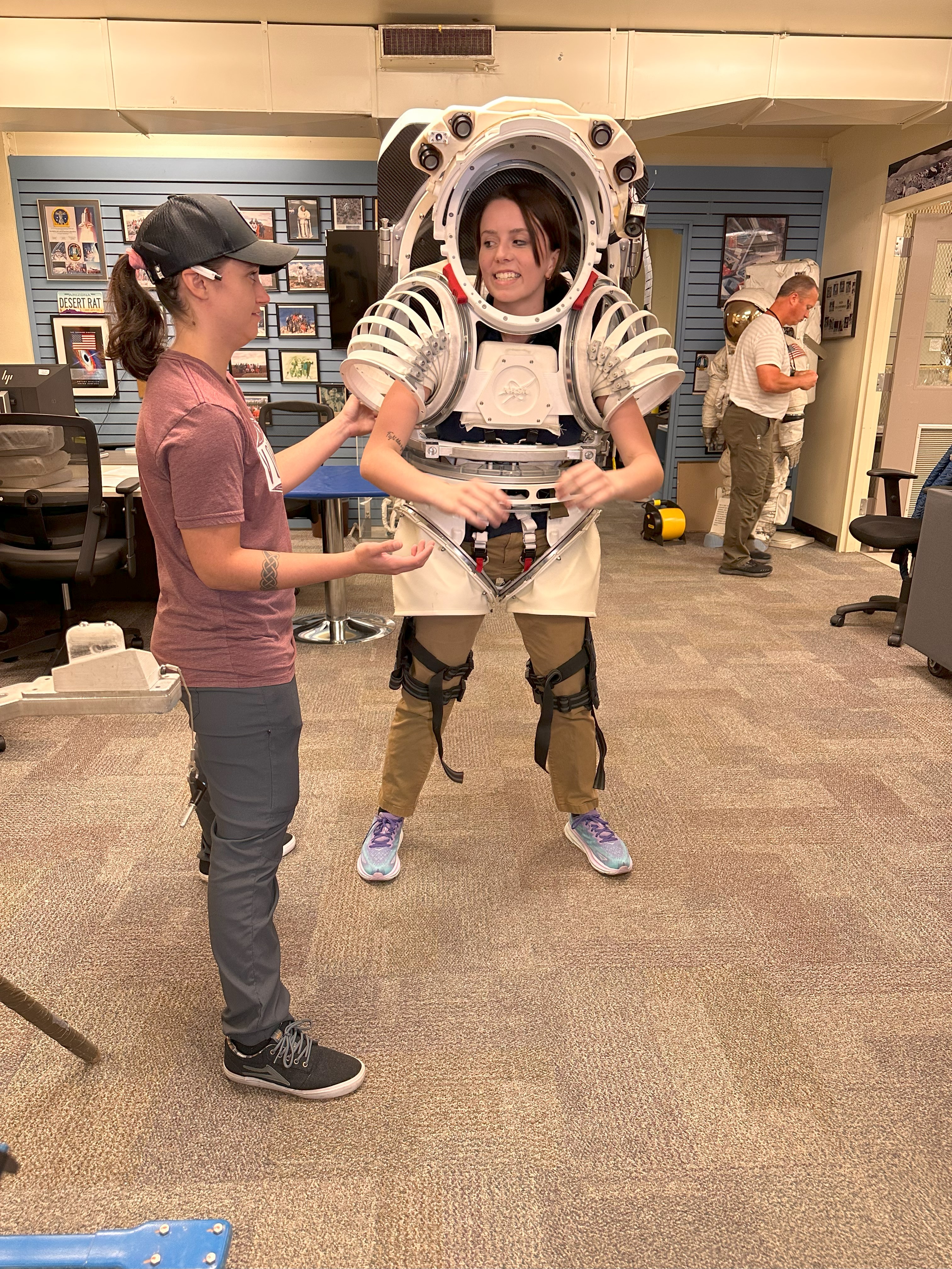 Gaffey had the opportunity to try on the Atlas EXCON suit, which NASA uses to gauge information on space suit fit, comfort, and mobility from test subjects.