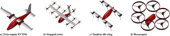 The four electric aircraft modeled in this study were an electric conventional takeoff and landing aircraft and three electrical vertical takeoff and landing aircraft: a stopped rotor aircraft, a tandem tilt-wing aircraft, and a hexacopter aircraft.