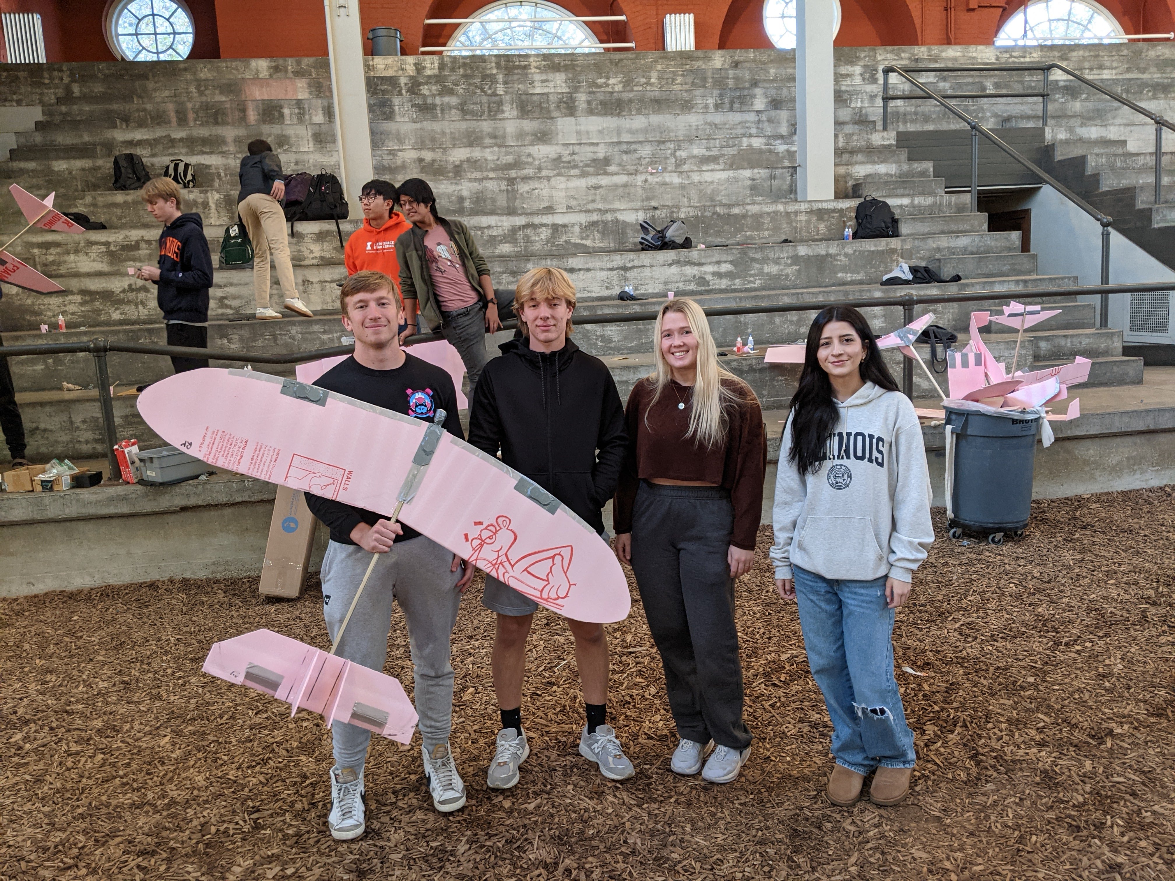 Team 1 had the second-best overall flight of the day of glider testing at the Stock Pavilion. Left to right are: Ryan Hingle, Ethan Hendrickson, Emily Grzyb, and Zana Serbest