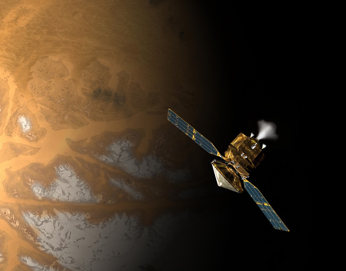 An artist concept of NASA Mars Reconnaissance Orbiter during the critical process of Mars orbit insertion. Credit: NASA/JPL