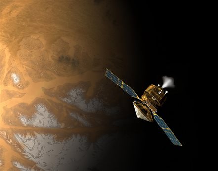 An artist concept of NASA Mars Reconnaissance Orbiter during the critical process of Mars orbit insertion. Credit: NASA/JPL