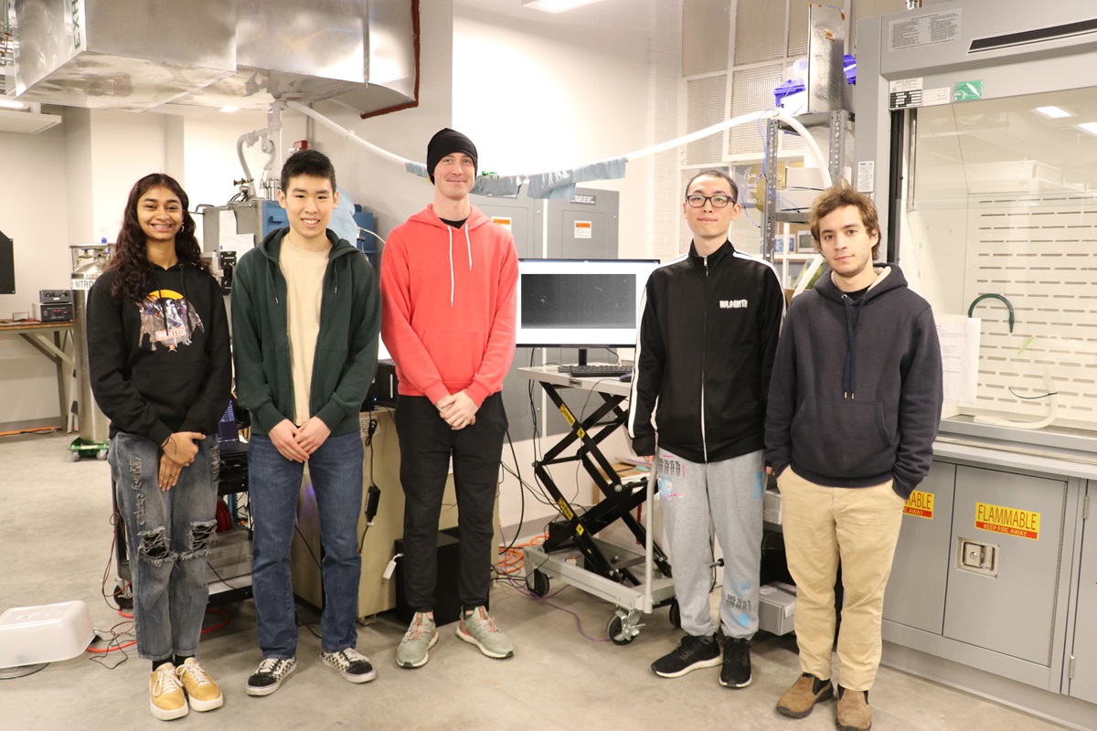 Members of the DarkNESS team left to right: AE undergrads Niharika Navin and Evan Lee, AE PhD student Phoenix Merrick Alpine, and Fermilab interns Terry Kim, and Santiago Perez, who is a PhD student in Physics at Universidad de Buenos Aires. Not pictured, AE undergrad Aalia Angirish.