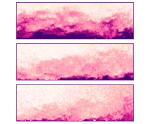 In the top bar, the ceiling of the tunnel is flat; in the middle bar, the ceiling is halfway down; the bottom bar shows turbulence when the ceiling is all the way down. The white portion is the fastest and quietest area of turbulence. The internal layer is shown as the deepest pink color close to the wall.