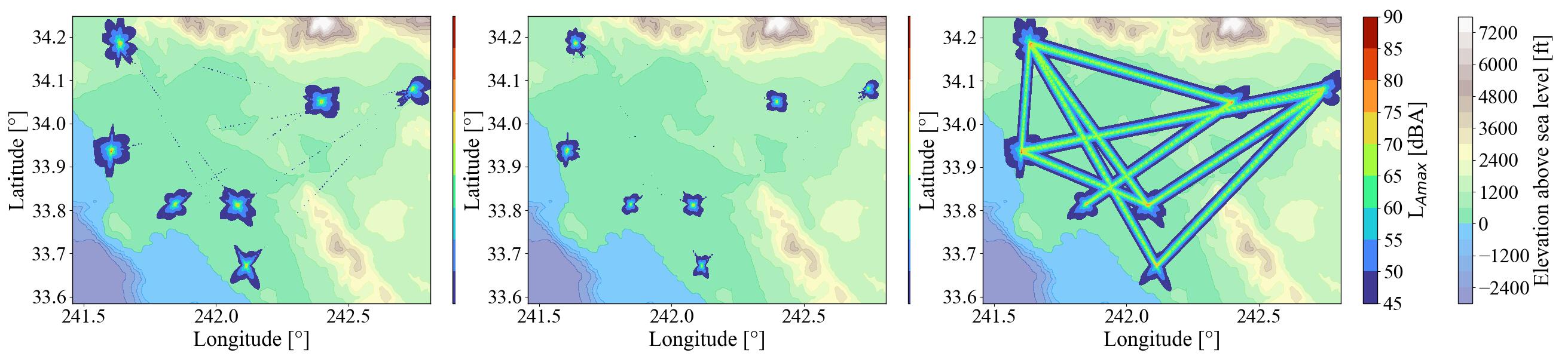 This graphic shows simulated noise footprint for UAM EVTOLS over the Los Angeles International Airport. The hexacopter produces the most significant noise footprint, with even areas directly beneath the flight path at cruising altitudes reaching 70 dBA. The stopped-rotor has the second largest noise footprint. An observer below this aircraft would faintly notice it, as illustrated by the fine lines between vertiports in the figure. The tilt-rotor produced the smallest footprints with no noise above the 45 dBA threshold in cruise.