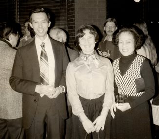Former Professor Yukweng Michael Lin and his wife June standing on either side of Pamela Calvetti VanBlaricum, who in 1977 became the department&rsquo;s first female PhD.