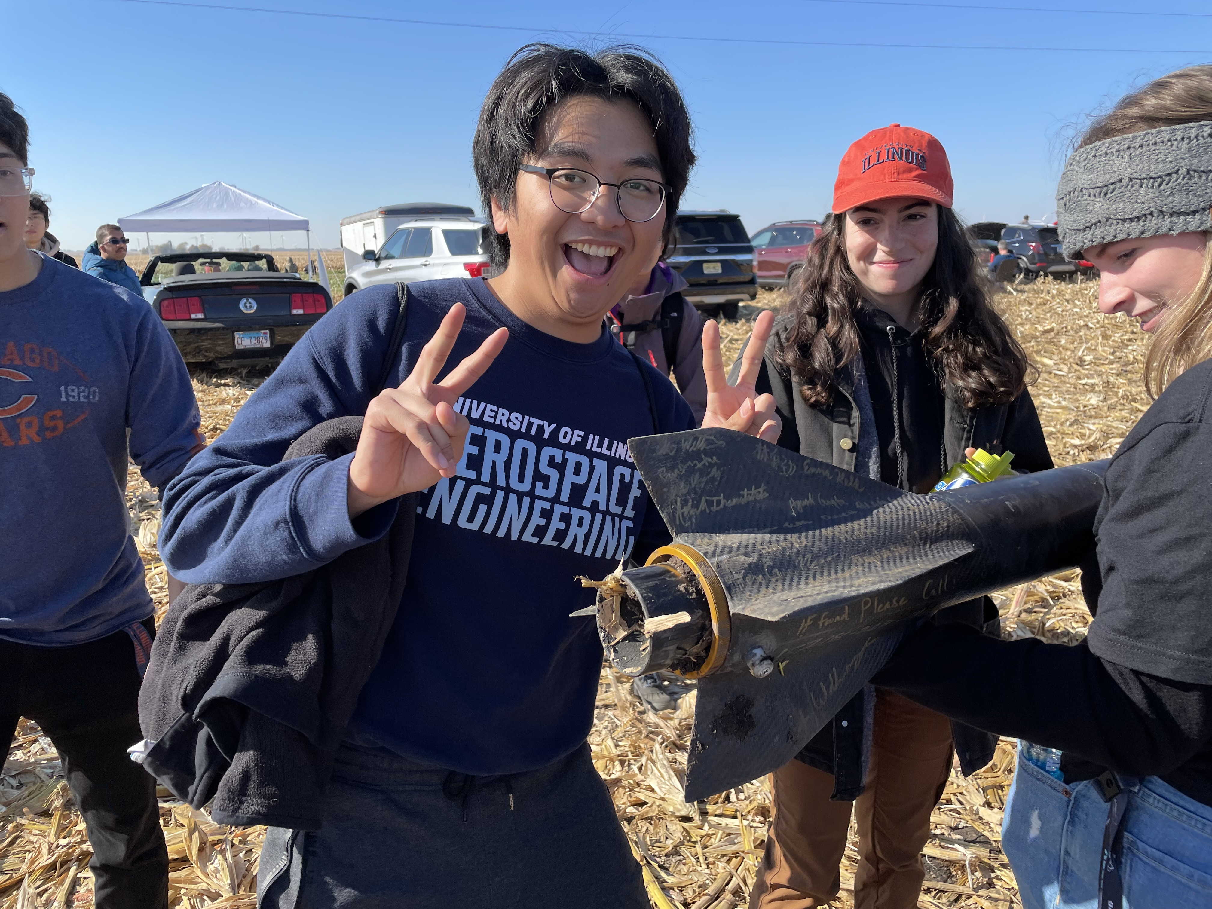 Thien Le with the ISS Intrepid III rocket&amp;amp;rsquo;s fin can after the October, '22 successful launch and landing.
