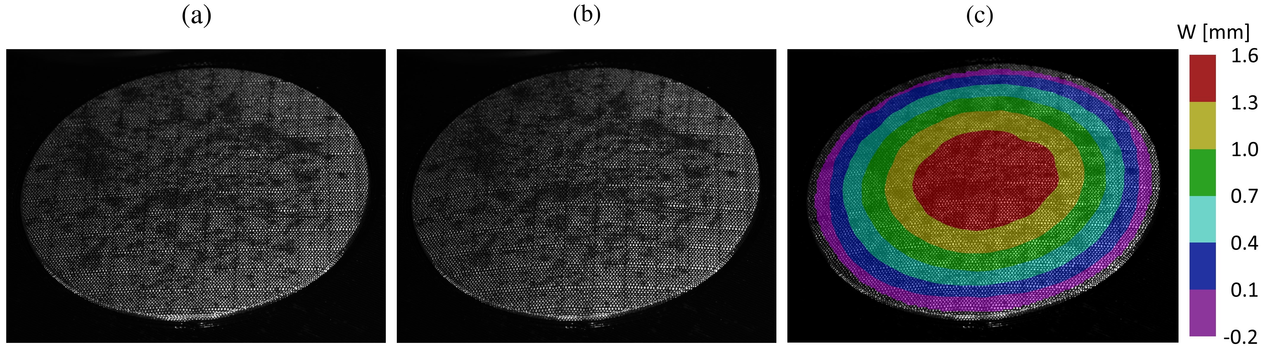 Parachute textile clamped in the permeability tester with no flow (a), experiencing through-thickness flow (b), and &amp;quot;W&amp;quot;, the local deflection of the textile &amp;quot;bubble&amp;quot; (c) as measured by the digital image correlation cameras.