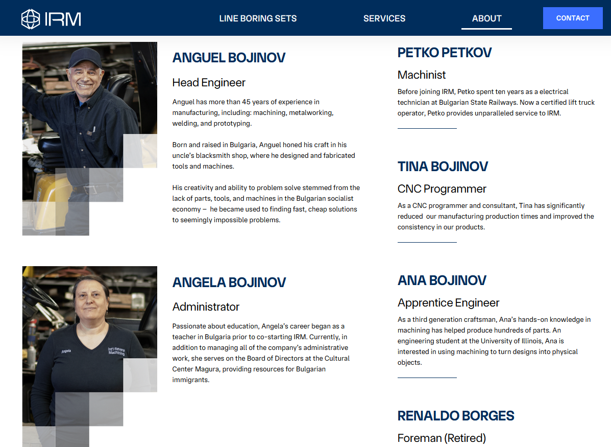 The about page for the International Revere Machining Corporation in Chicago, Bojinov family members are seen to play major roles.