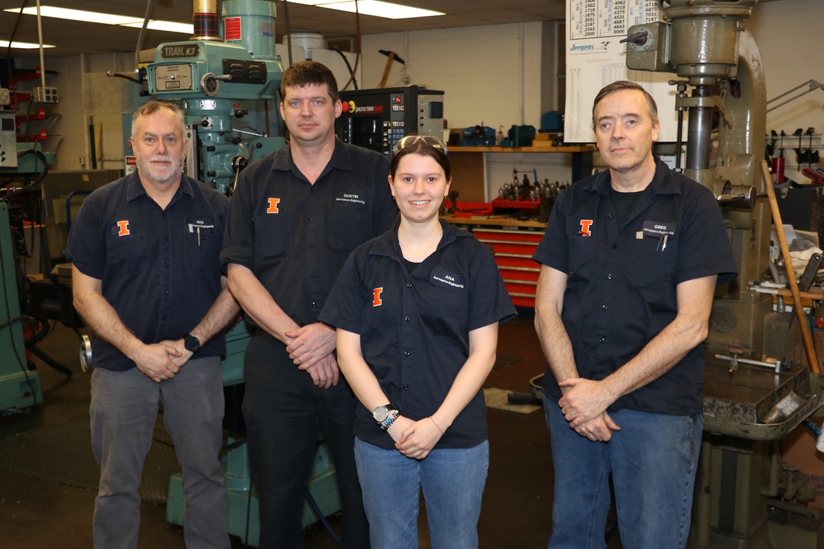 In Talbot Laboratory Machine Shop, left to right: Rex Krumwiede, Dustin Burns, Ana Bojinov and Greg Milner.