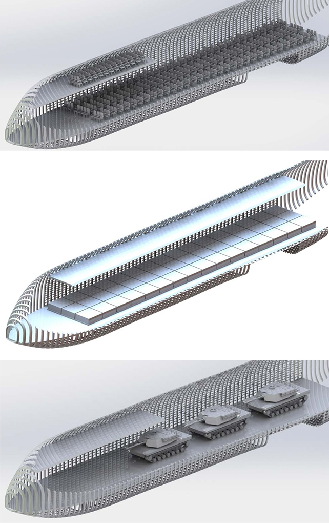 Team Hummingbird's illustration showing three interior configurations. Top: passengers, Middle: pallets, and Bottom: tanks